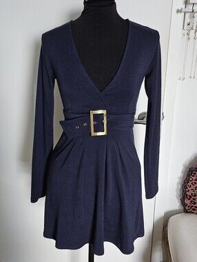 Rienda Gyaru Navy Long-Sleeve V-Neck Belted A Line Dress